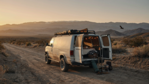 A custom cargo van conversion parked at sunset with open doors showing the inside.