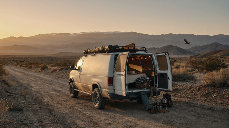 A custom cargo van conversion parked at sunset with open doors showing the inside.