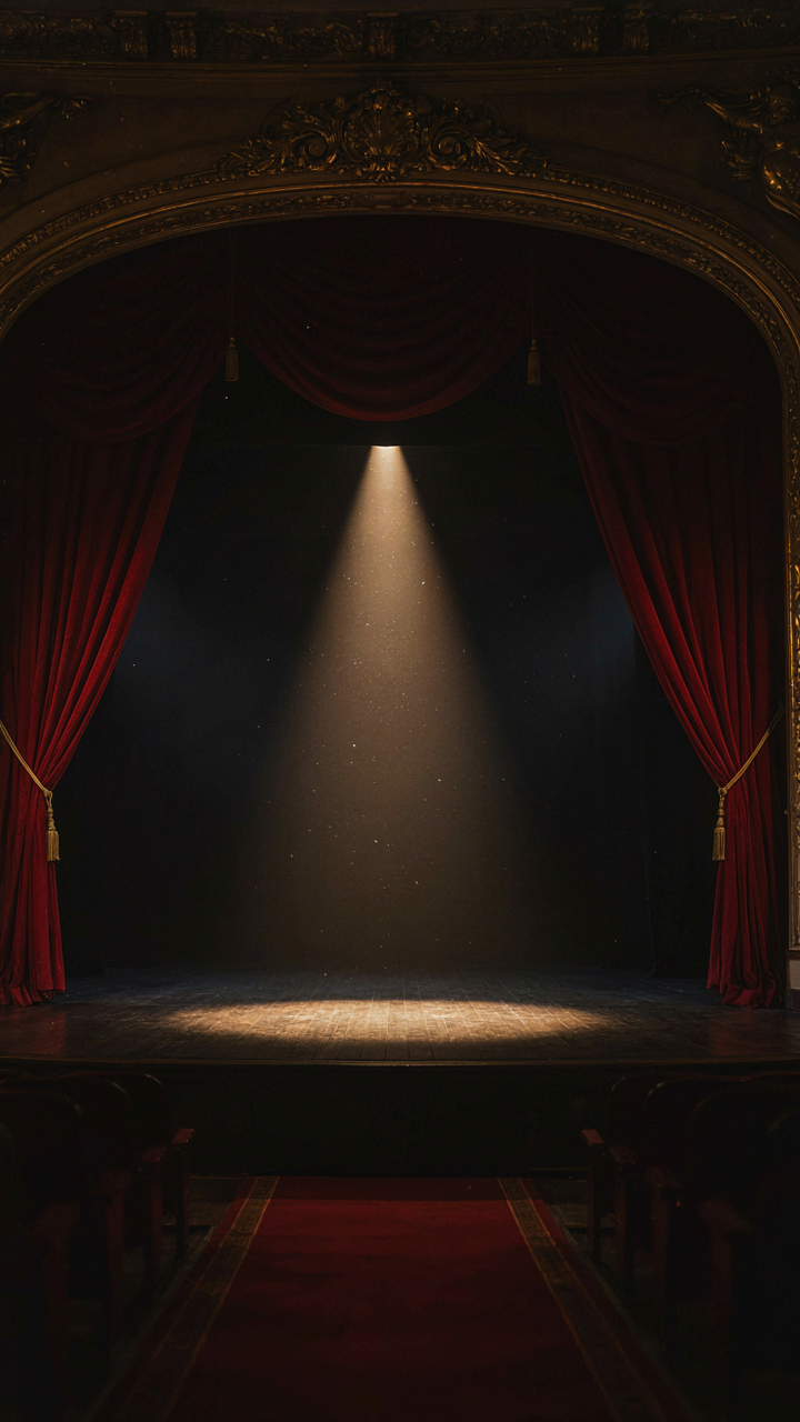 Red velvet curtains open on an opulent theater stage with a spotlight.