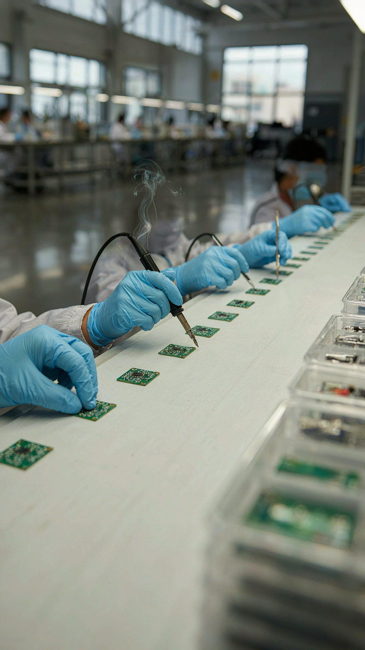 Hands assemble small electronic parts on a modern factory assembly line.