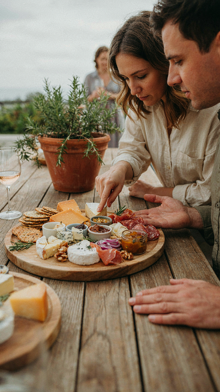 An intricately arranged charcuterie board as an edible centerpiece.