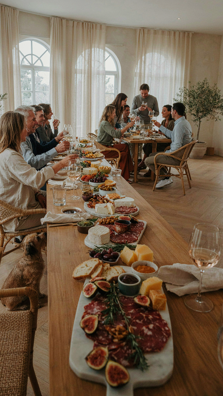 Multiple charcuterie tables in a large room, serving many guests.