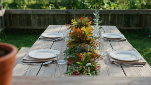 An outdoor dining table is set with simple dishes and a leafy centerpiece for a beautiful dinner.