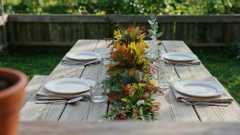 An outdoor dining table is set with simple dishes and a leafy centerpiece for a beautiful dinner.