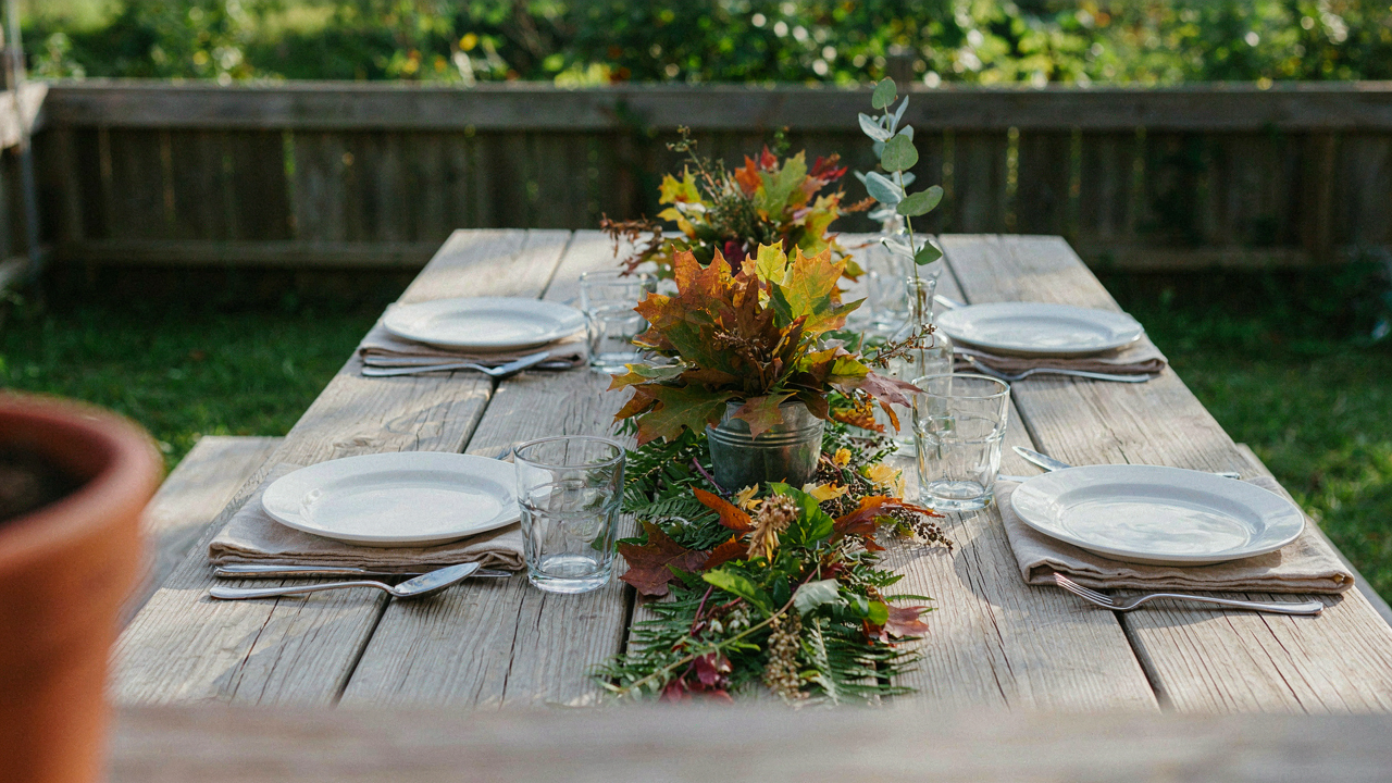 An outdoor dining table is set with simple dishes and a leafy centerpiece for a beautiful dinner.
