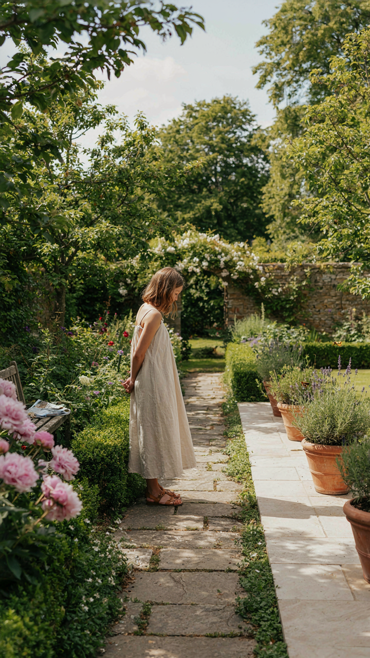A person stands at a fork, choosing between two garden paths.