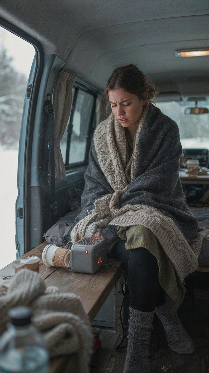 A person looks frustrated with a small, inefficient heater in a drafty van.