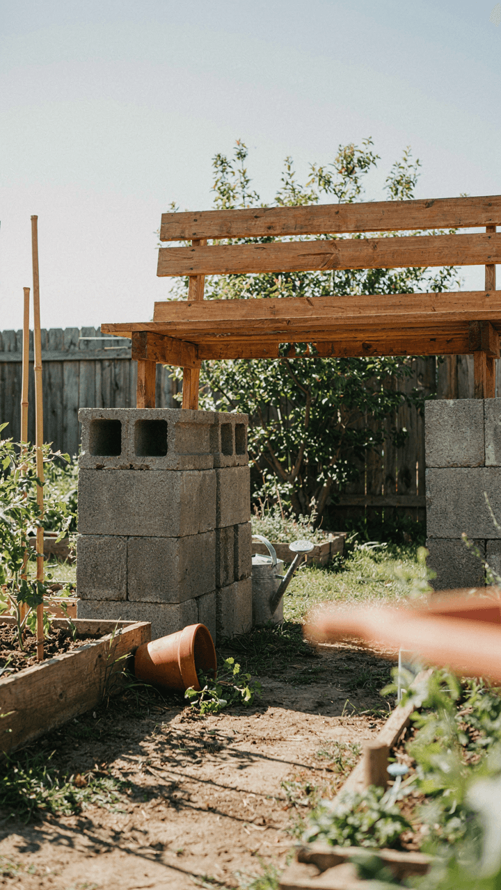 Neat gray cinder blocks support a simple wooden bench in a garden.