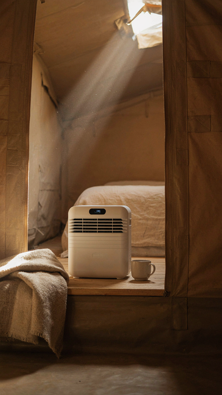 A glamping tent interior with a portable air conditioner and insulated walls.