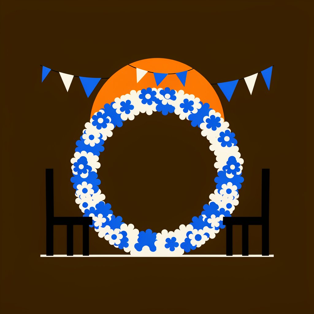 Flat poster illustration of an outdoor wedding floral arch with two chairs