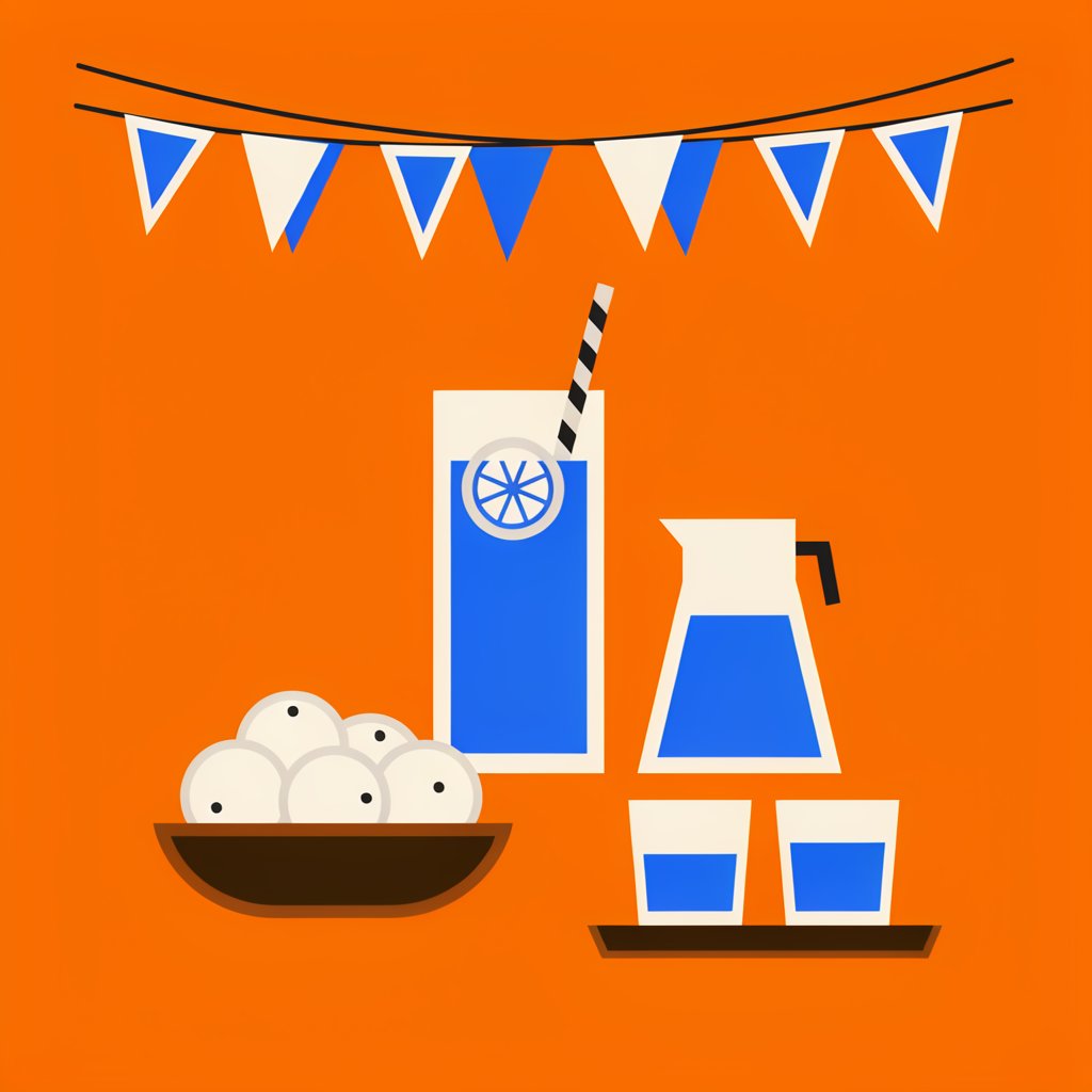 Flat poster illustration of a mocktail glass, pitcher and lemons with bunting