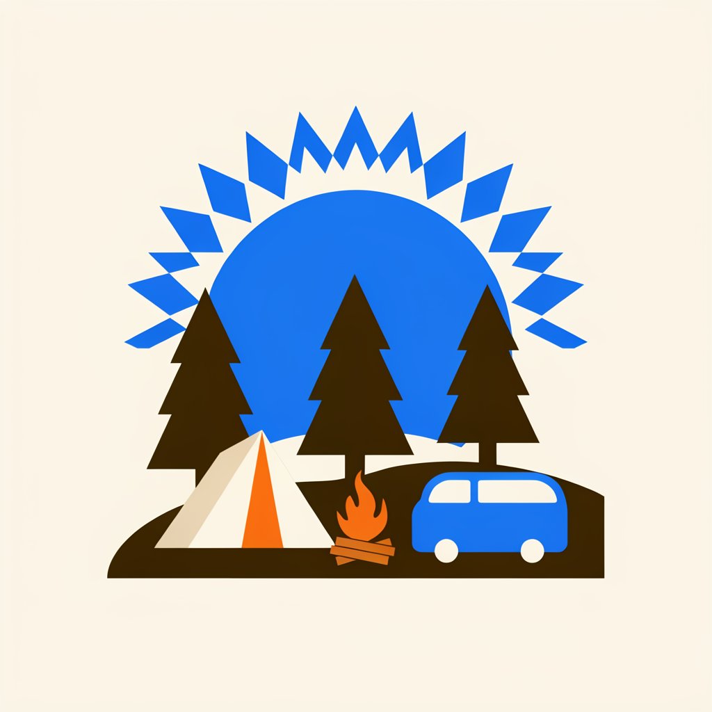 Flat poster illustration of a tent, camper van and pine trees at a campsite