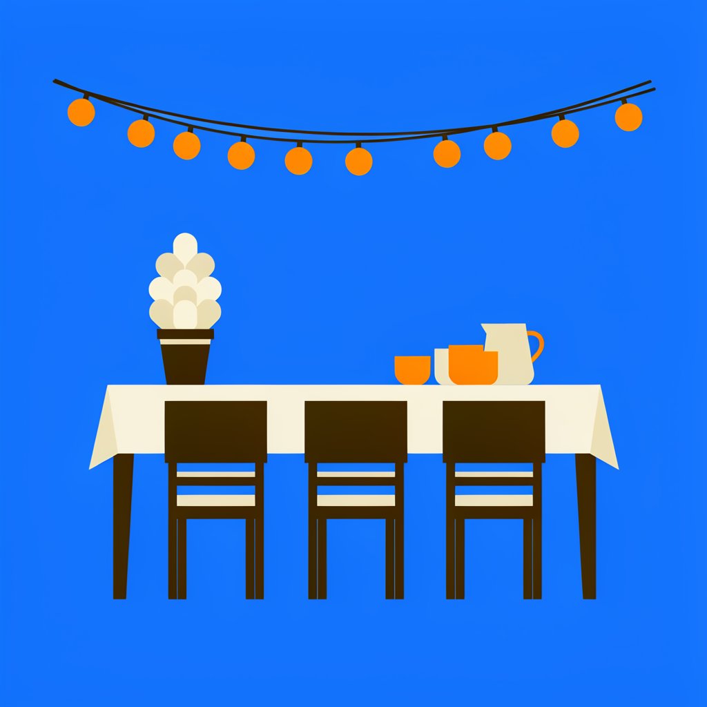 Flat poster illustration of a backyard dinner table under string lights