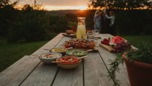 A beautiful outdoor table holds many colorful cold summer appetizers ready for a party.