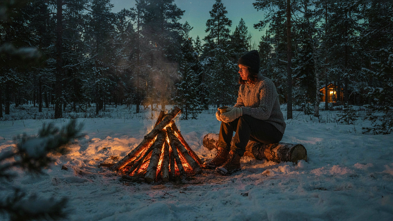 A person keeps warm by a campfire in a snowy forest at twilight, demonstrating cold weather camping