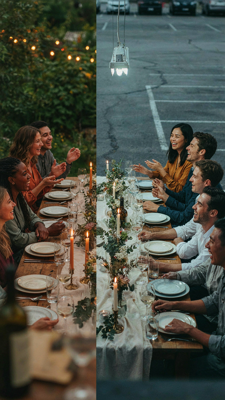 Two outdoor dinner scenes, one warm and one harsh, showing different light colors.