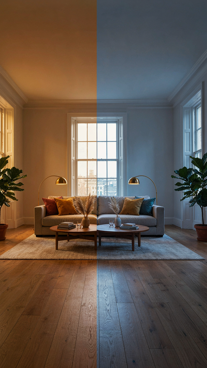 Two identical rooms, one lit with warm yellow light and the other with cool blue light.