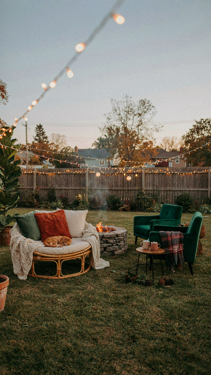 Cozy seating areas are arranged for conversation at a backyard party.