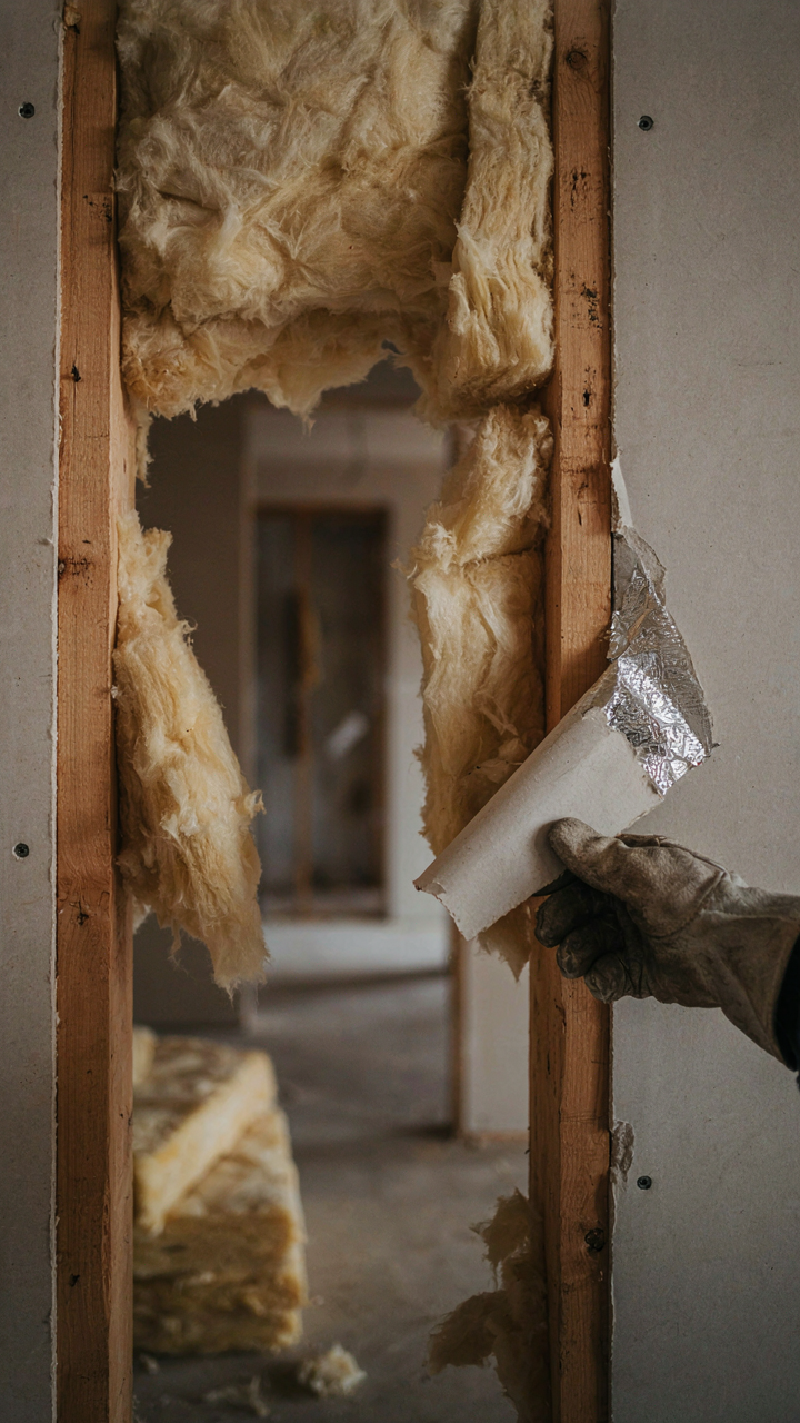 Van wall pulled back to show badly installed insulation.