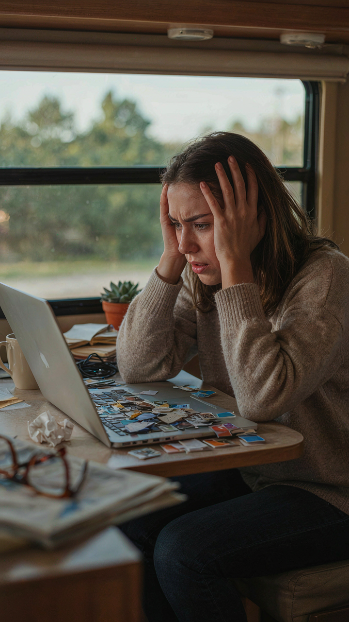A frustrated person looking at digital clutter on a laptop in an RV.