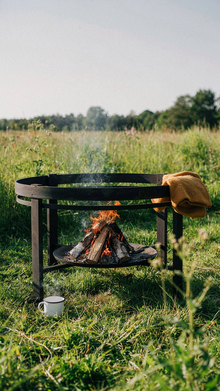 A sturdy metal fire ring safely contains a small, controlled fire.