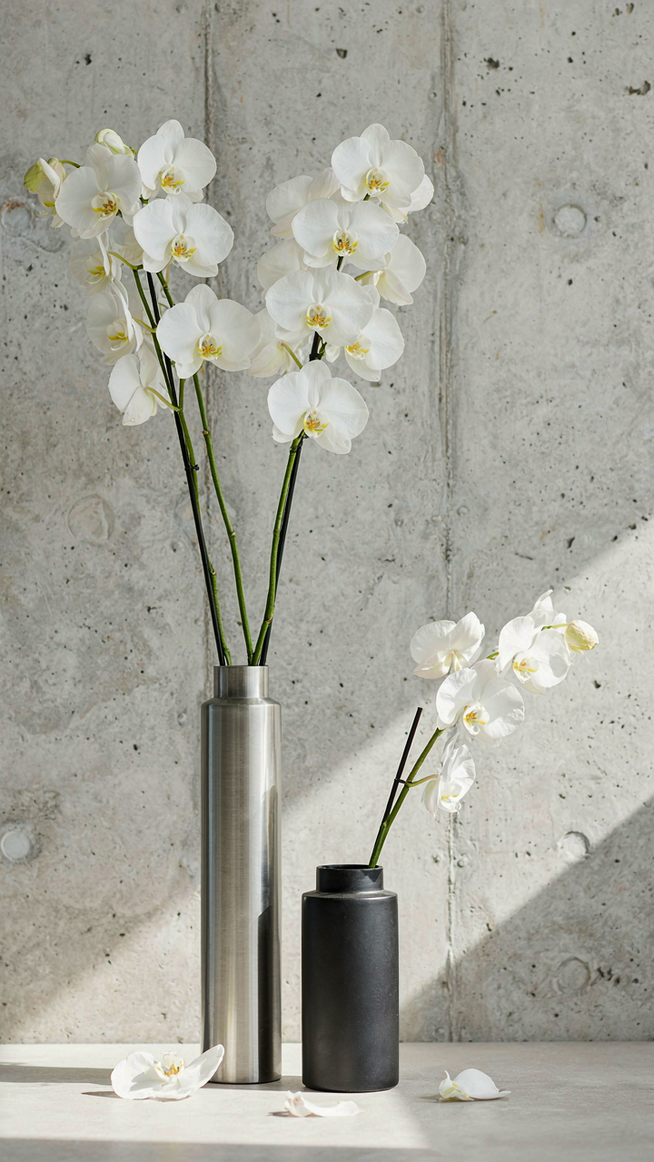 Sleek metal vases hold white orchids against a concrete wall.