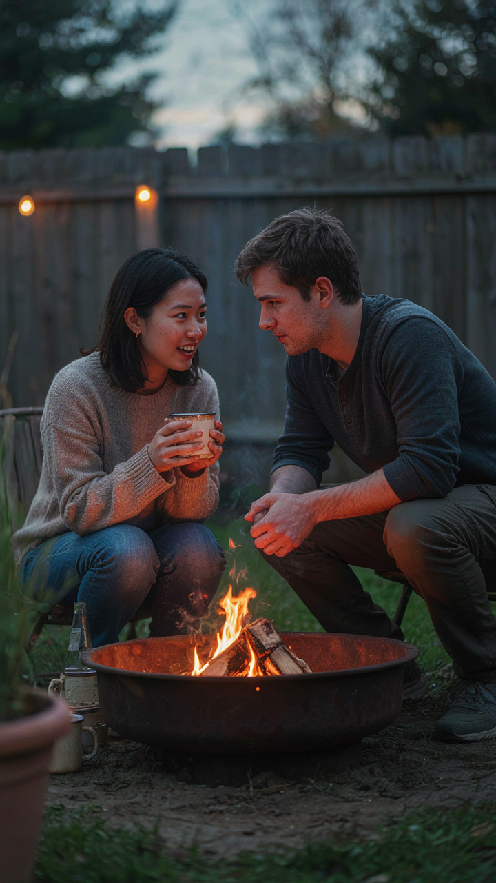 Two friends have a deep conversation around a simple fire pit.