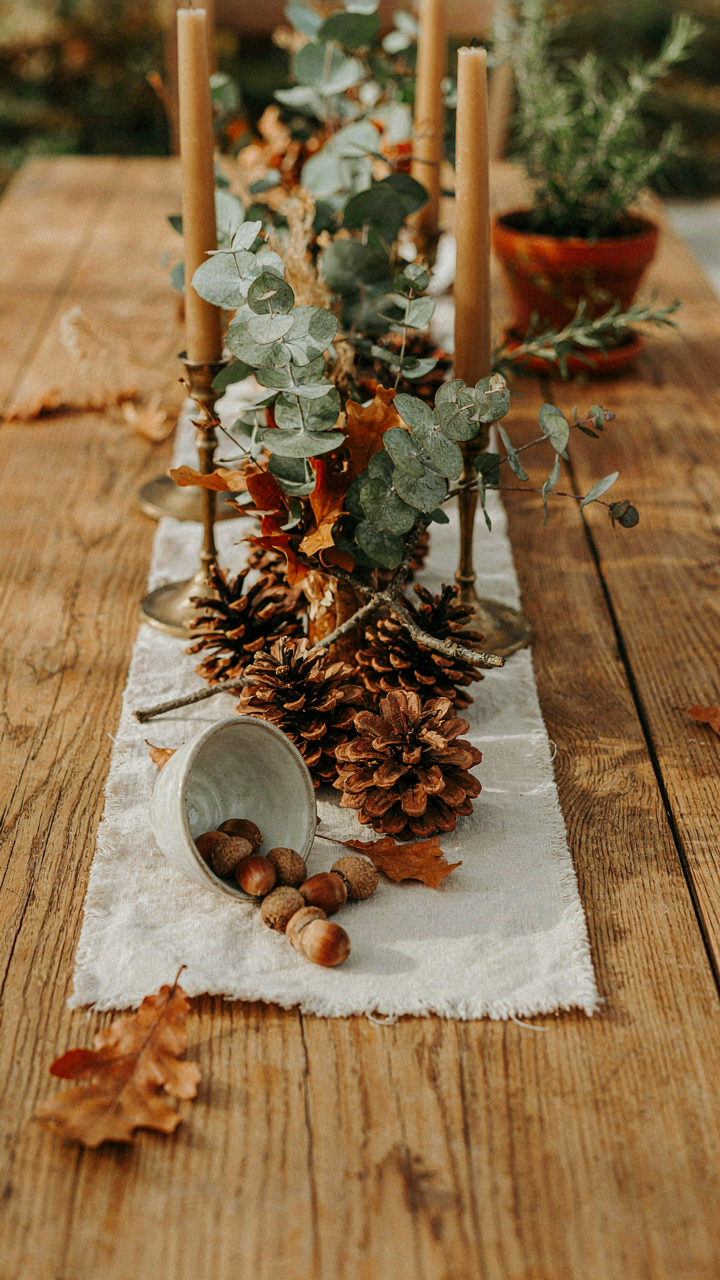 A close up of an outdoor tablescape shows pinecones, leaves, and twigs as decor.