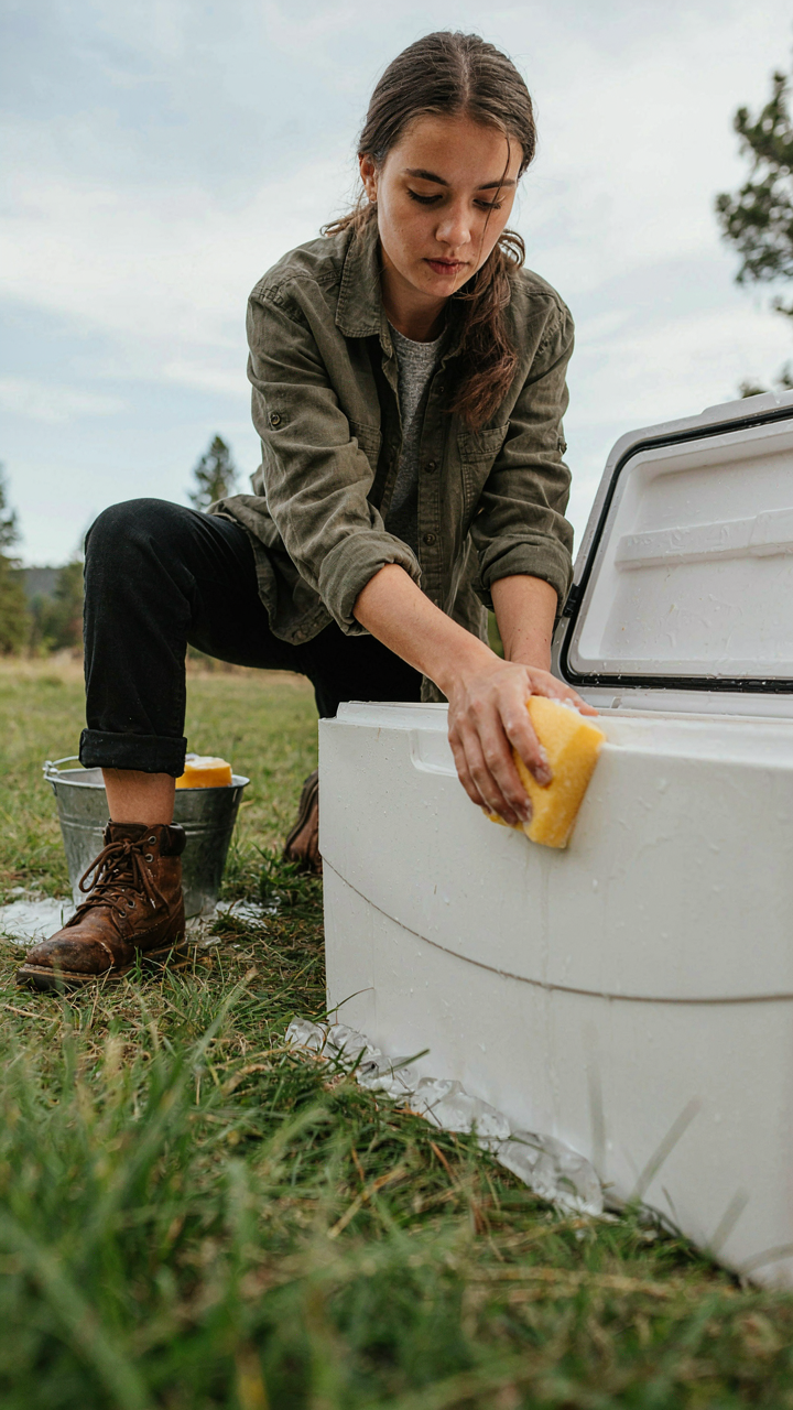 A person cleans the inside of a camping cooler with a sponge.