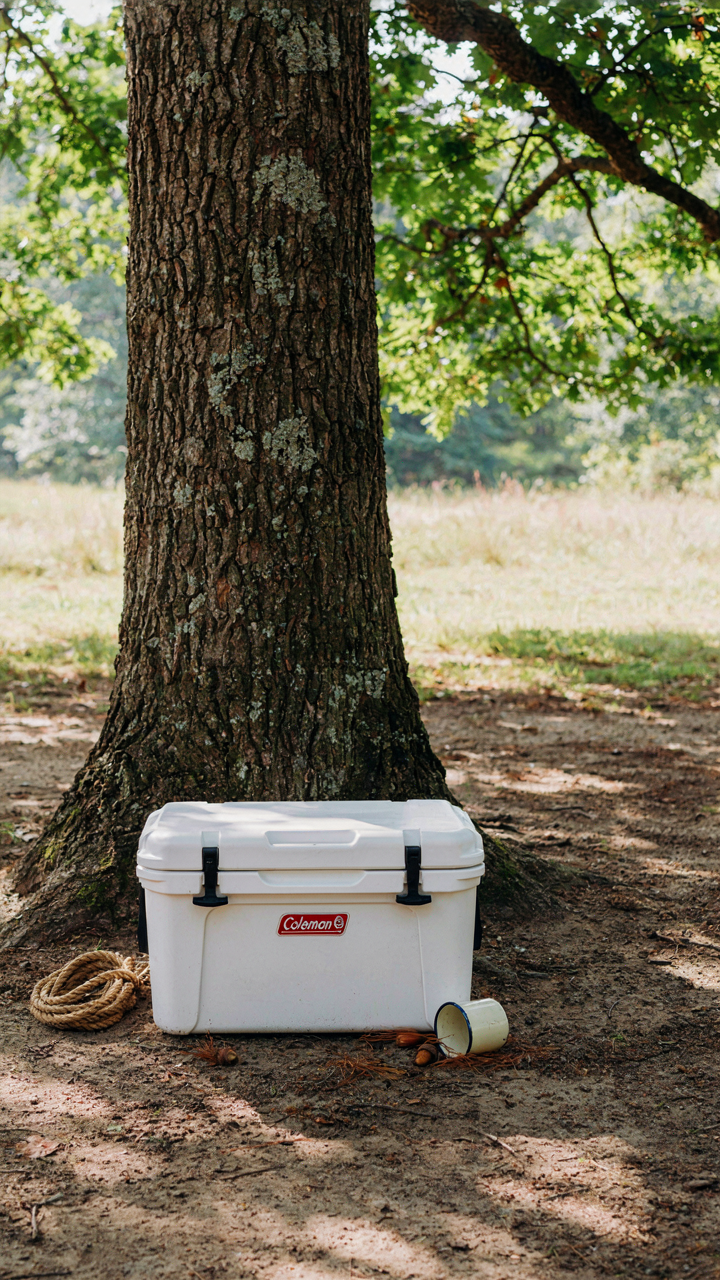 A camping cooler sits in the shade under a tree at a campsite.