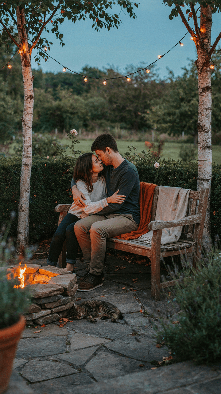 Two people talk quietly in a cozy garden corner with a fire pit and lights.