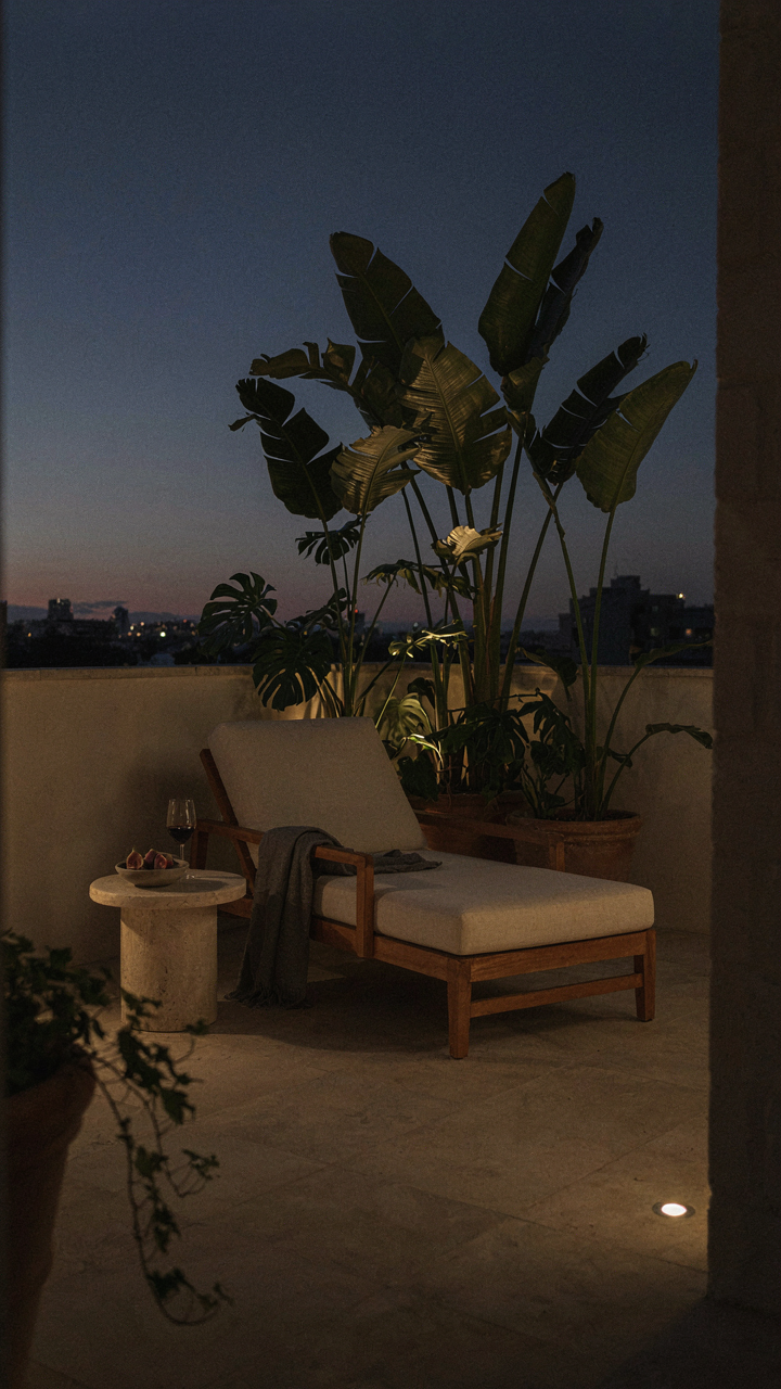 A corner patio at twilight with lights illuminating plants and seating.