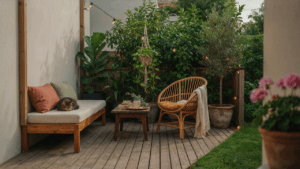 A well-decorated corner patio with comfortable furniture and potted plants in a small yard.