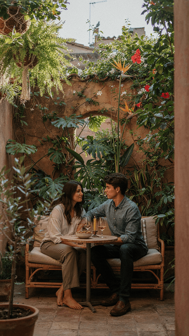 A cozy patio corner with high walls and plants offers a private, relaxing space.