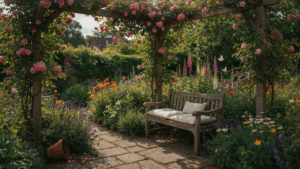 A rustic bench under a rose-covered pergola in a vibrant cottage garden seating area.