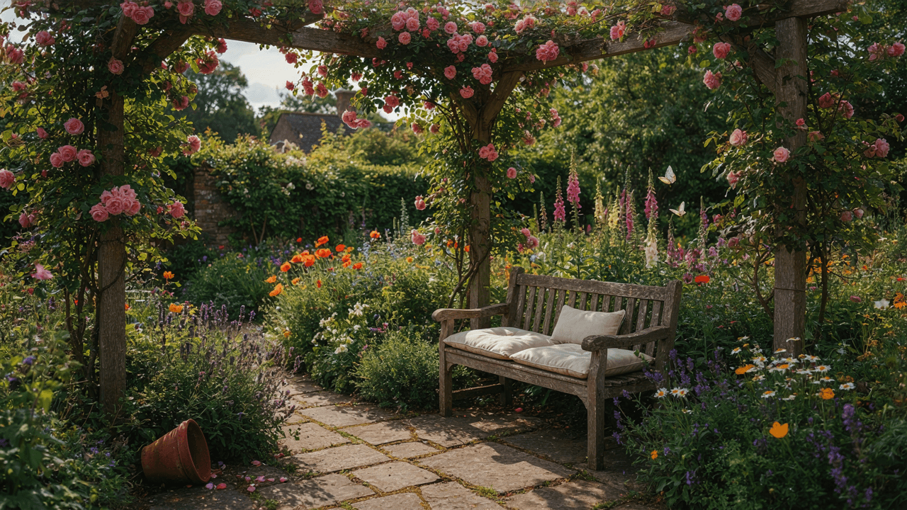 A rustic bench under a rose-covered pergola in a vibrant cottage garden seating area.