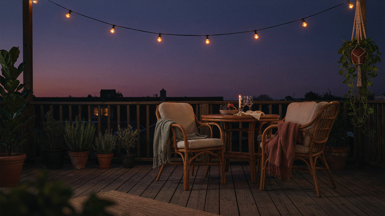 A warm and inviting cozy deck at dusk with soft lighting and comfortable furniture.