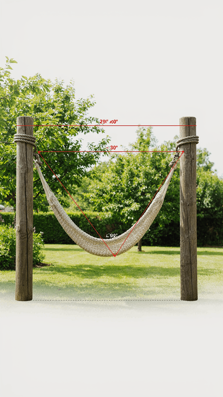 A diagram shows a hammock suspended with lines indicating optimal sag angle.