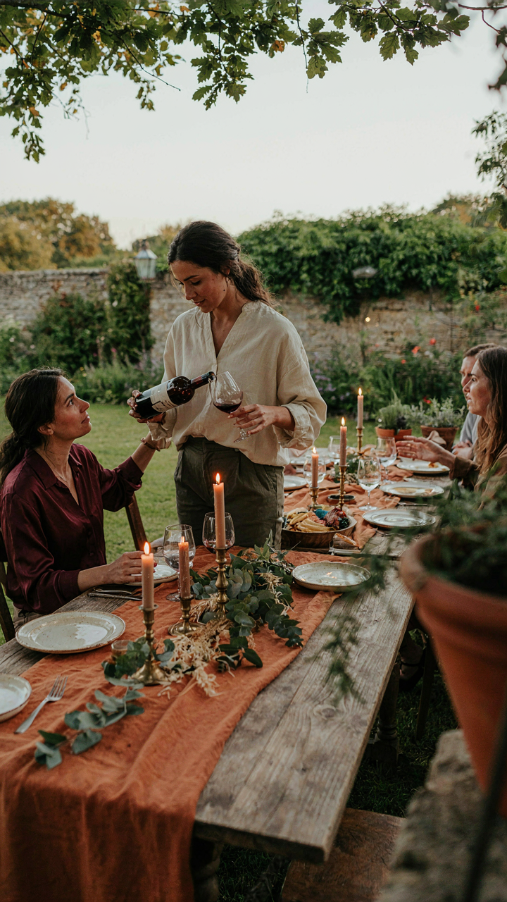 A host pours wine for a guest at a cozy outdoor dinner party.