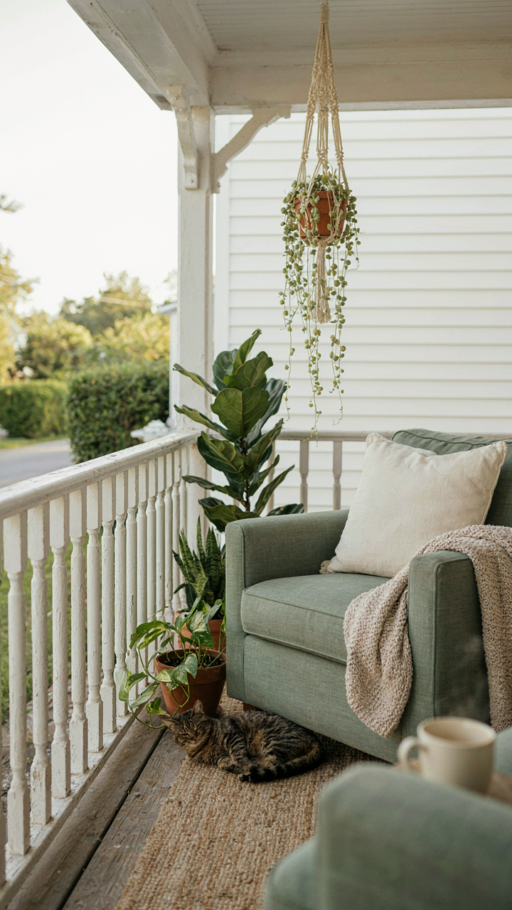 A cozy porch with an armchair surrounded by many green plants.