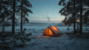 A warm tent glows in a snowy forest, steam rising from its stove.