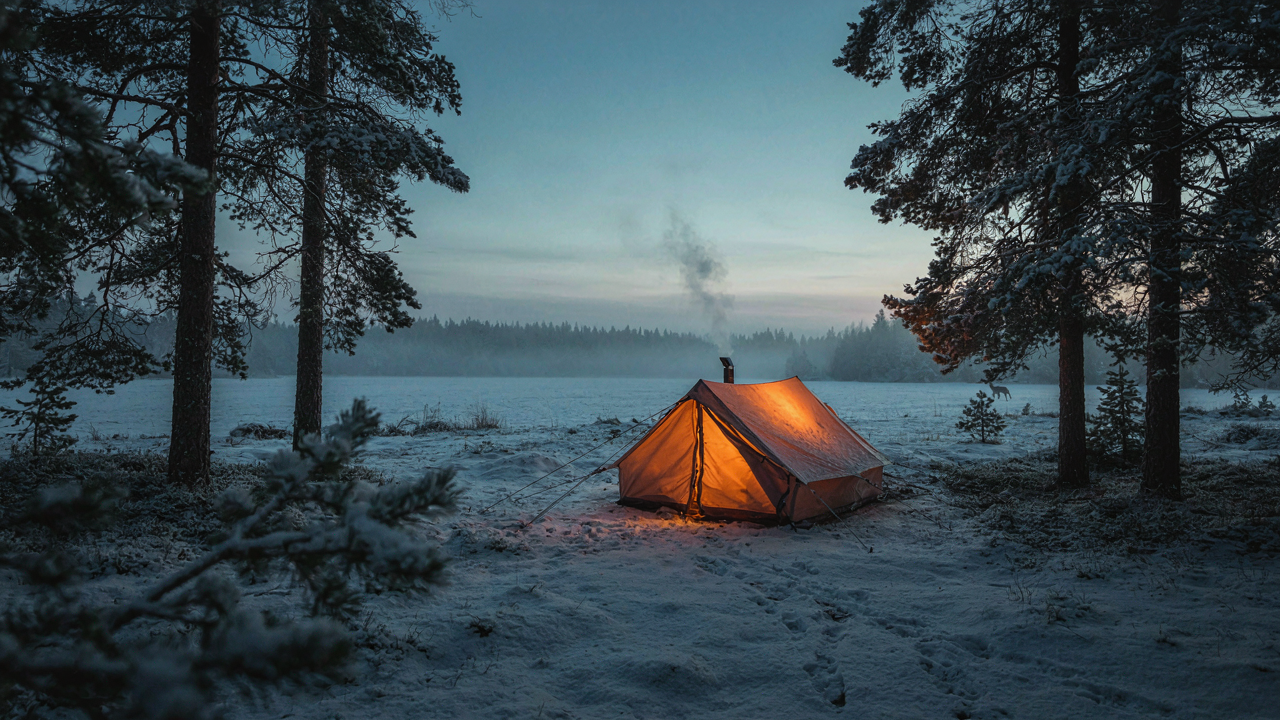A warm tent glows in a snowy forest, steam rising from its stove.
