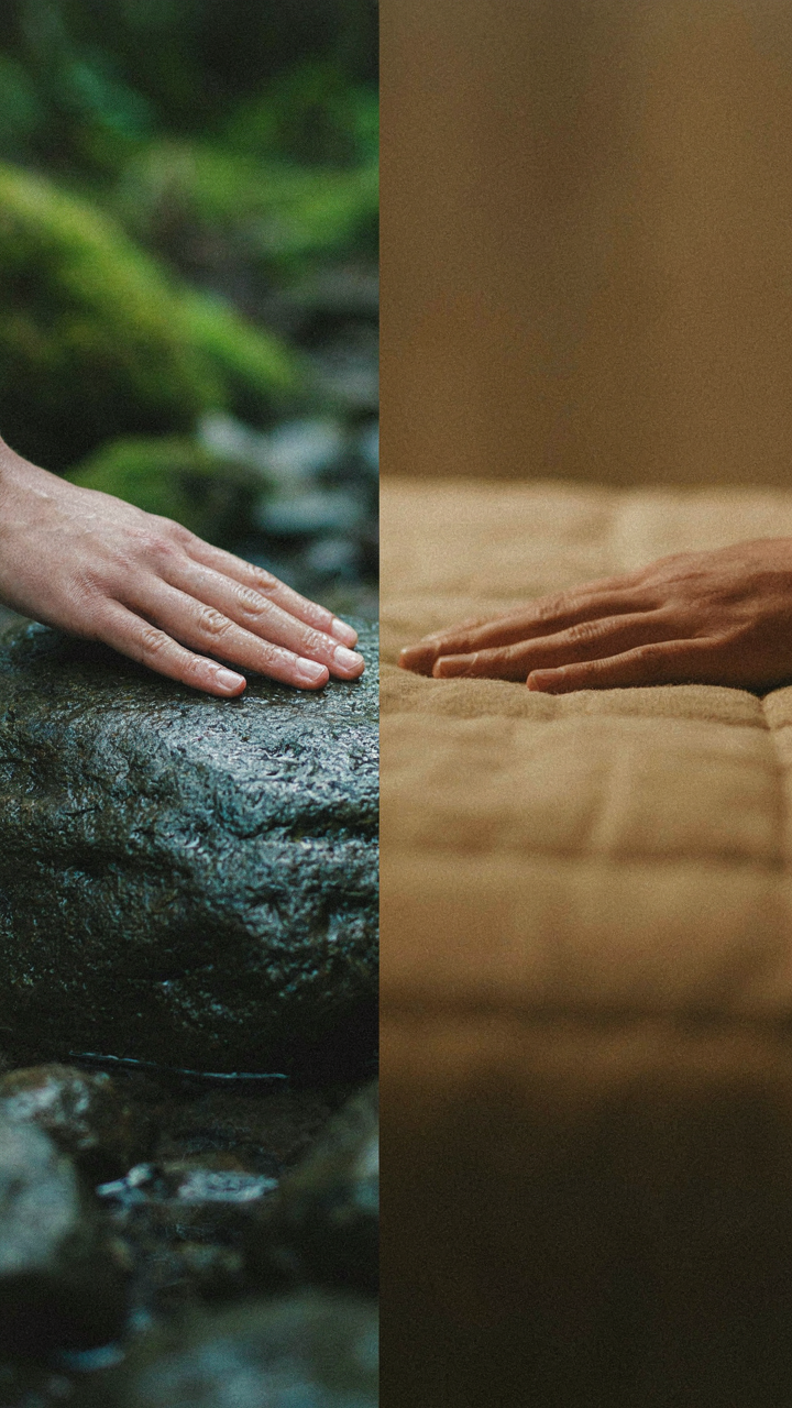 One hand touches a cold rock, another a warm insulated pad.