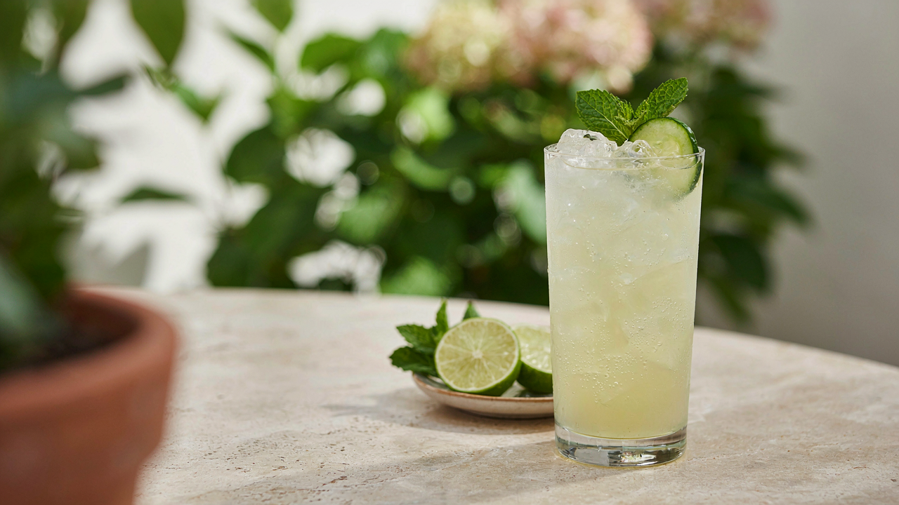 A refreshing cucumber mint mocktail sits on a patio table with ice and a mint sprig.