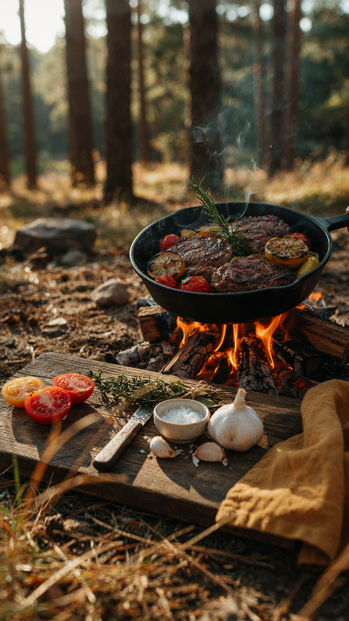 A gourmet meal cooks over a campfire in a cast iron skillet.