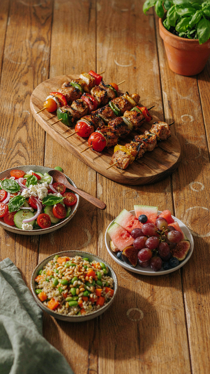 A platter of grilled skewers, fruit, and salads on a table.