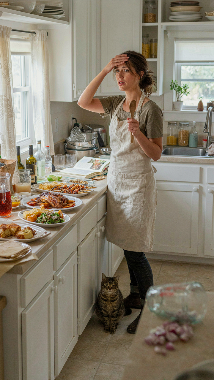 A host looks stressed while cooking many complex dishes for a party.