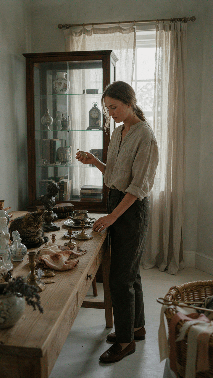 A person meticulously arranges antique items in a display cabinet.