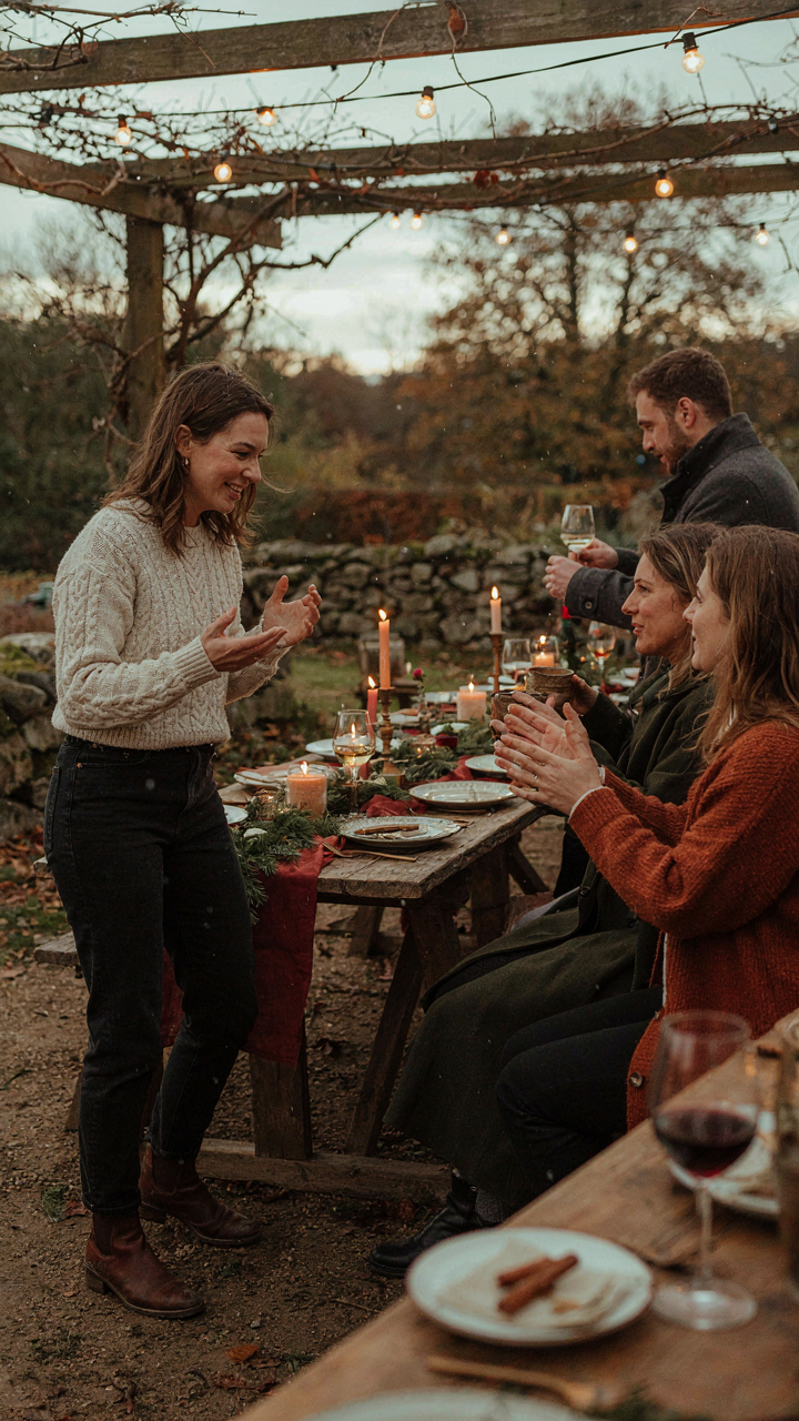 A host warmly talks with guests at an outdoor Christmas party.