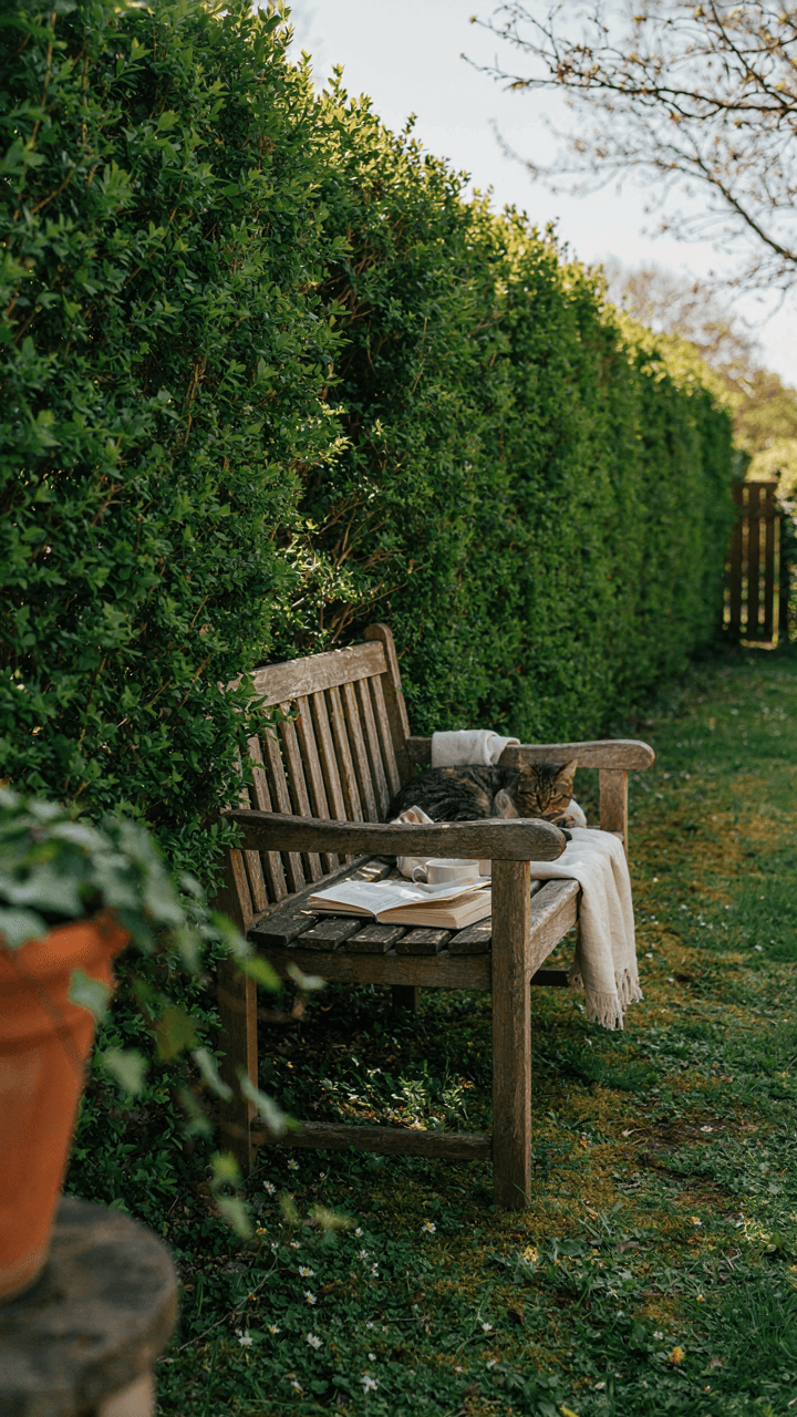 A tall hedge acts as a sound barrier for a quiet backyard nook.